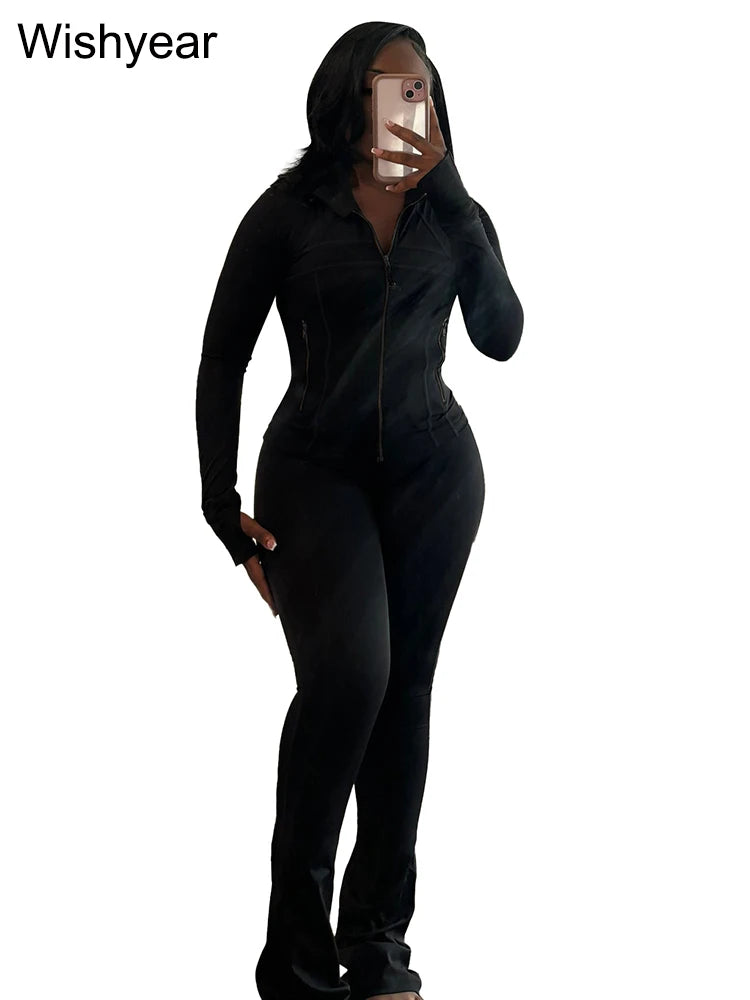Elegant Street Style Women's Long Sleeve Tops & Flare Pants Set ATHLEXES