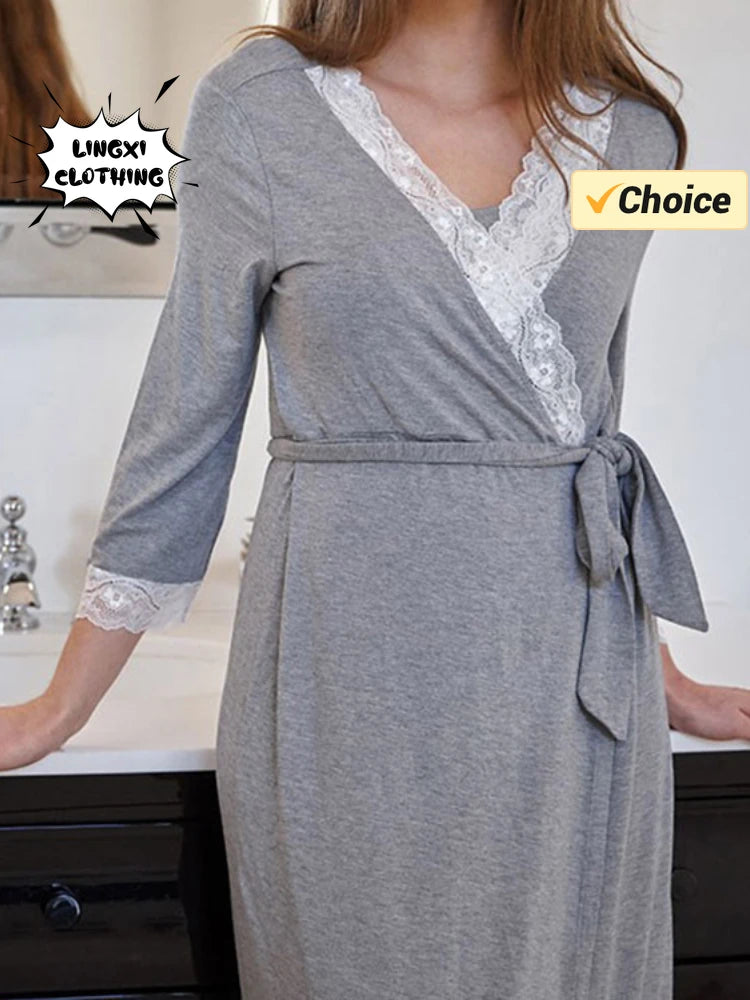 Elegant Maternity Lace Tie Pajama Set ATHLEXES