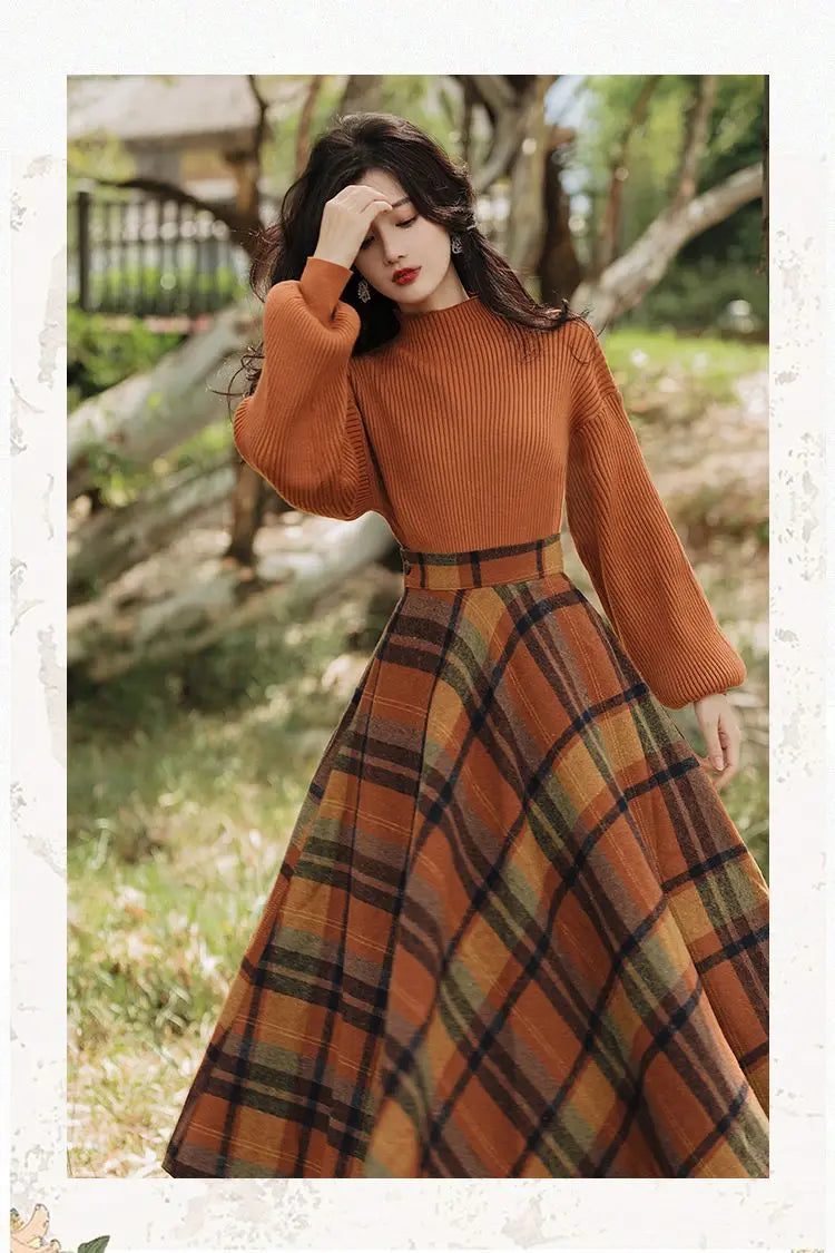 French Lady Vintage Plaid Sweater & High Waist Skirt Set ATHLEXES