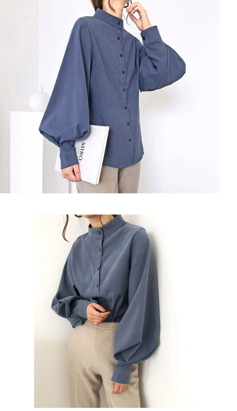 Elegant Lantern Sleeve Blouse for Women - Autumn Winter Office Chic ATHLEXES