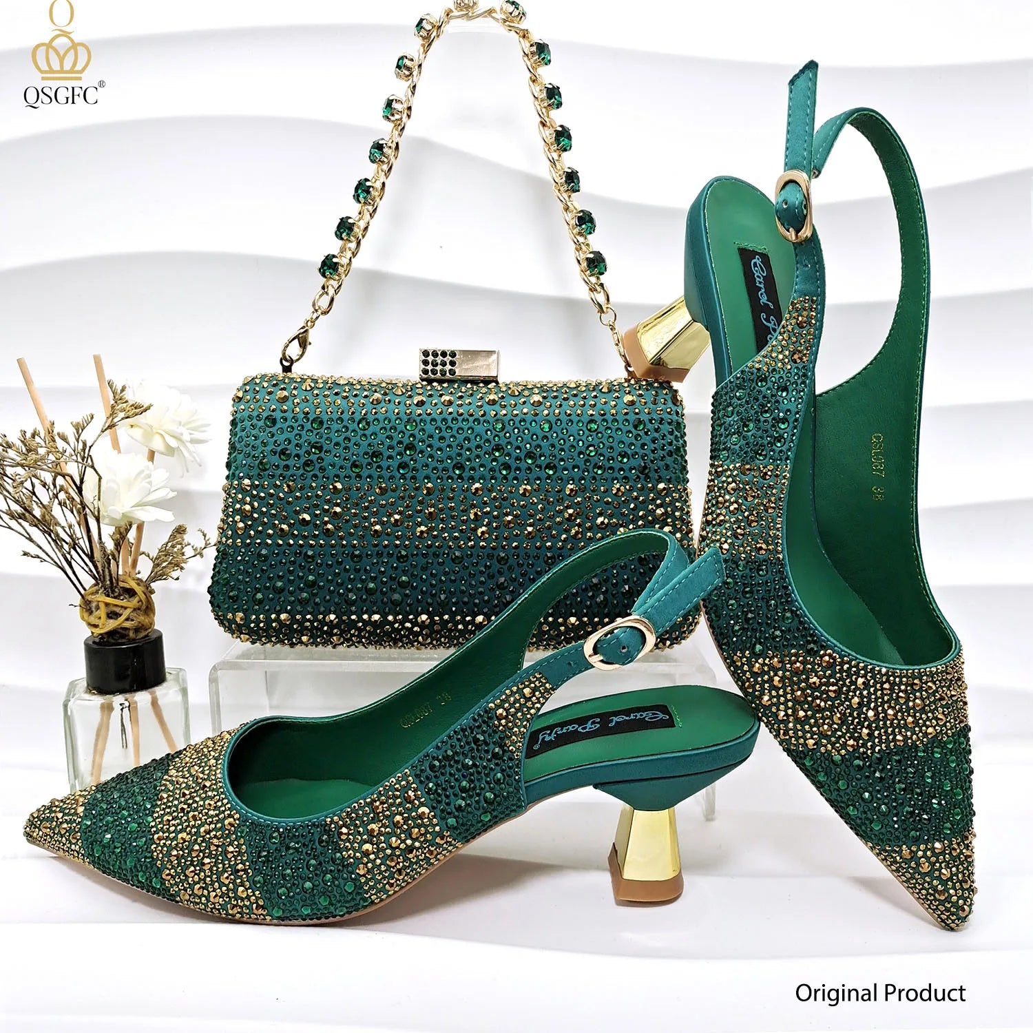 QSGFC Nigerian Women Heel Party Ladies Italian Design Green Shoes And Bag Set Decorated with Rhinestone Handbag Wedding Party ATHLEXES