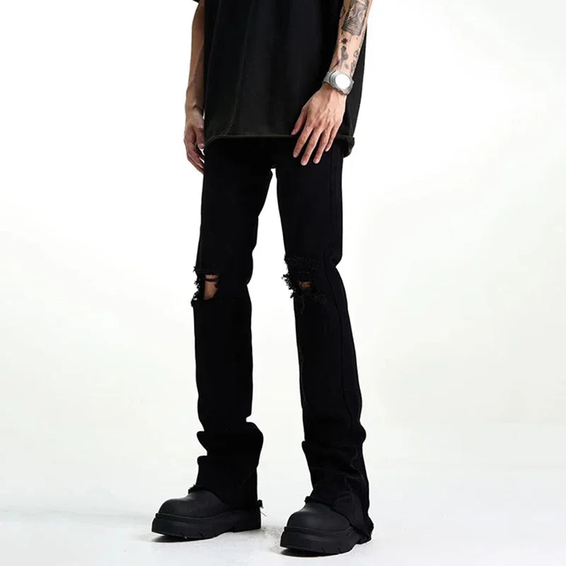 Gothic Vibe Ripped Denim Bell Bottom Trousers ATHLEXES