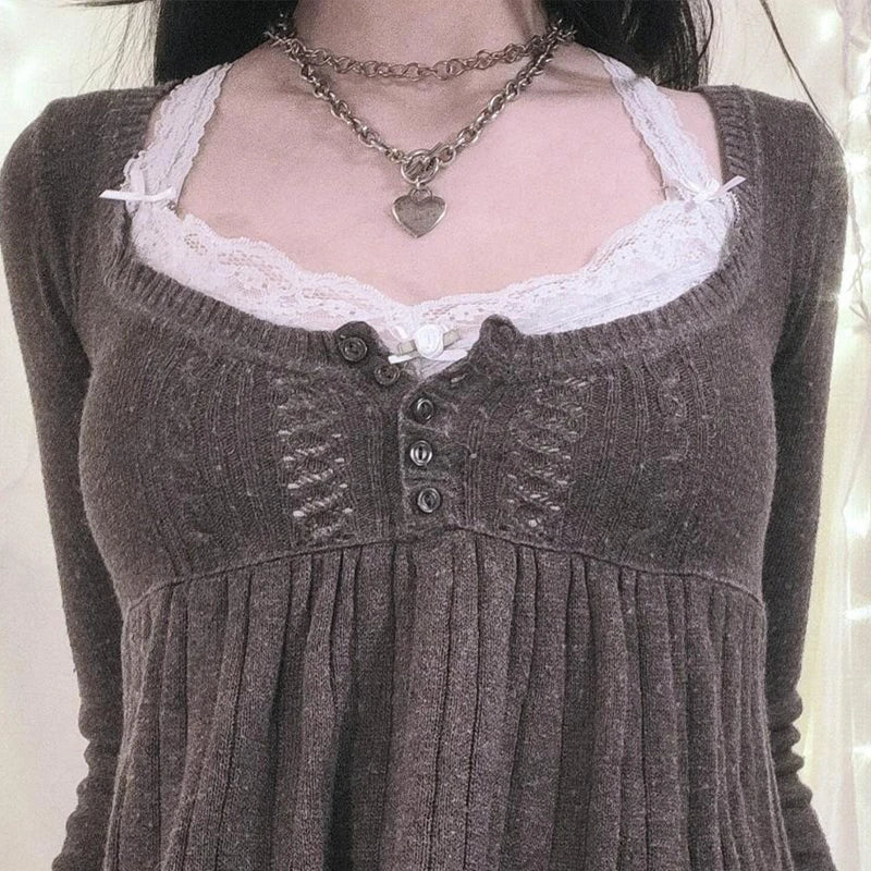 Y2K Aesthetic Vintage Babydoll Knit Sweater Tops ATHLEXES