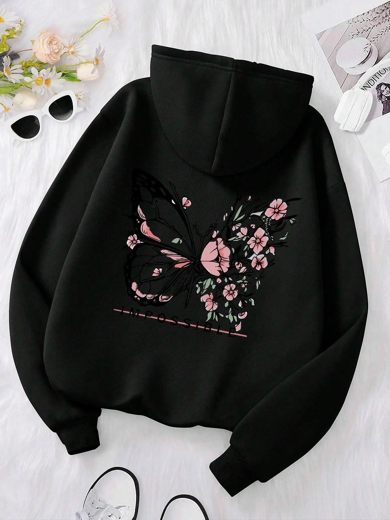 Rose Butterfly Graphic Hooded Sweatshirt ATHLEXES