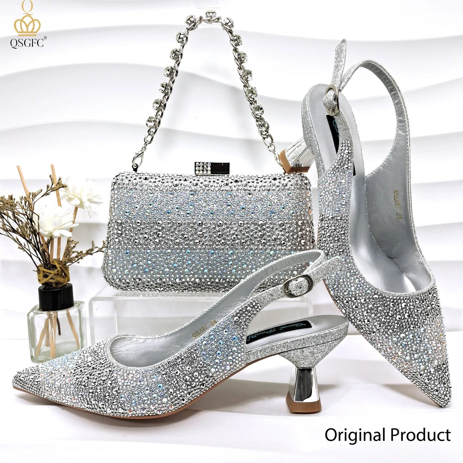 QSGFC Nigerian Women Heel Party Ladies Italian Design Green Shoes And Bag Set Decorated with Rhinestone Handbag Wedding Party ATHLEXES