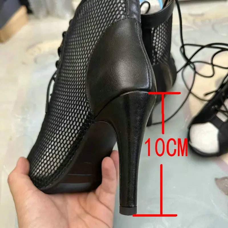 New Sexy High Heels Hollow Mesh Sandals Summer Fashion Trend Comfort Peep Toe Boots Stilettos Jazz Dance Female Shoes Plus Size ATHLEXES