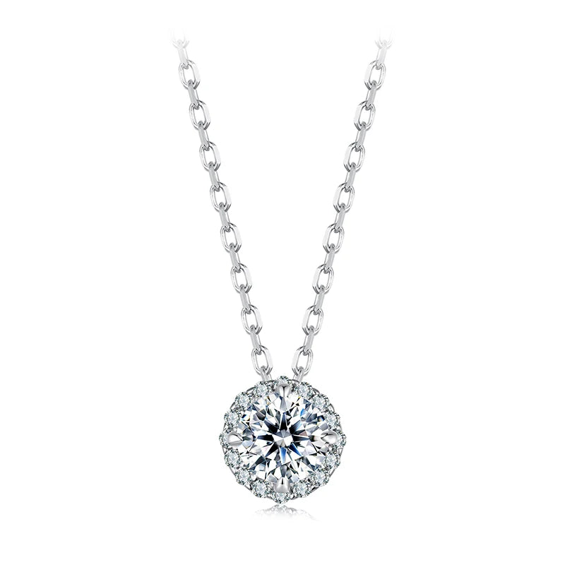 BAMOER Halo Moissanite Necklace in White Gold ATHLEXES