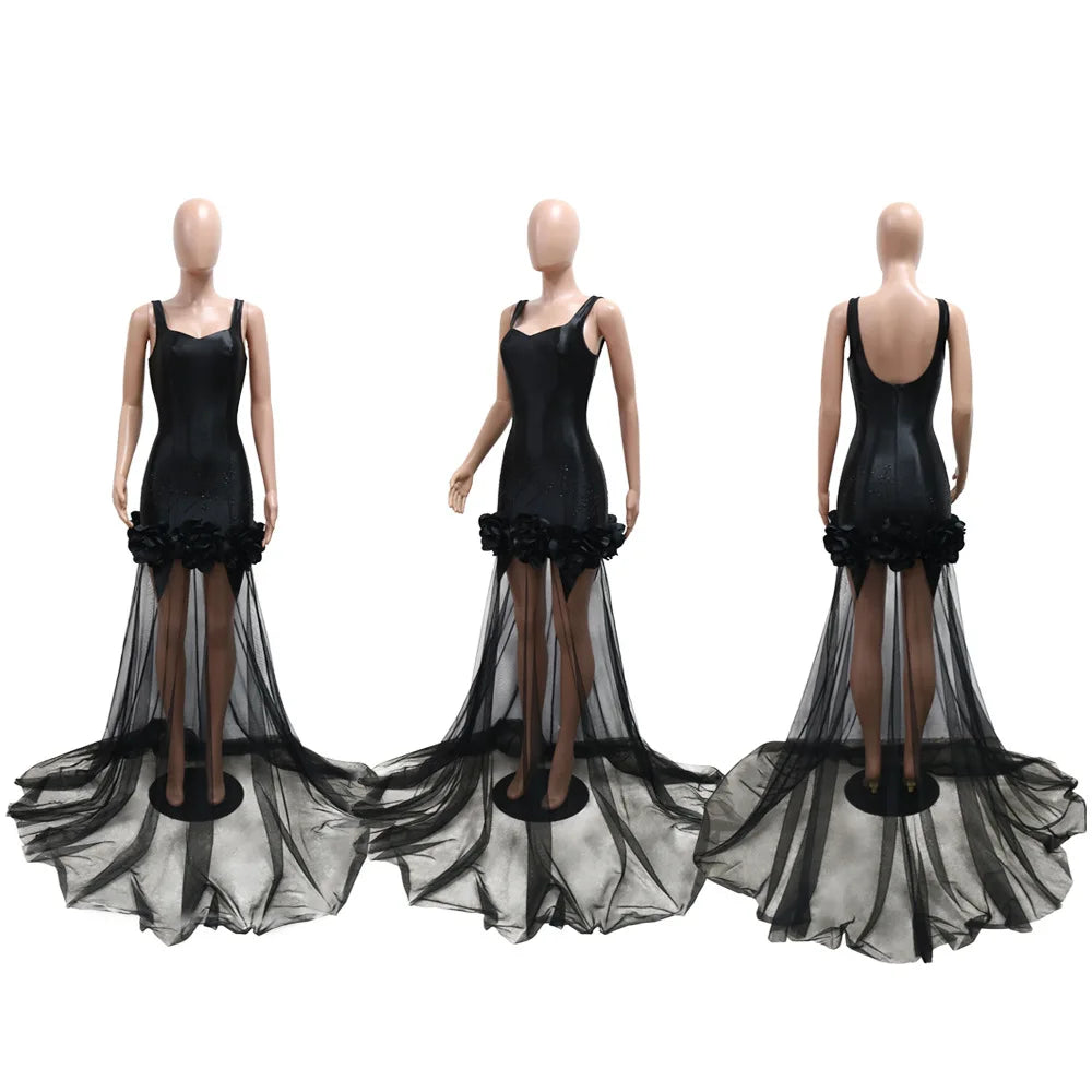 Elegant 3D Floral Mesh Mermaid Maxi Dress ATHLEXES