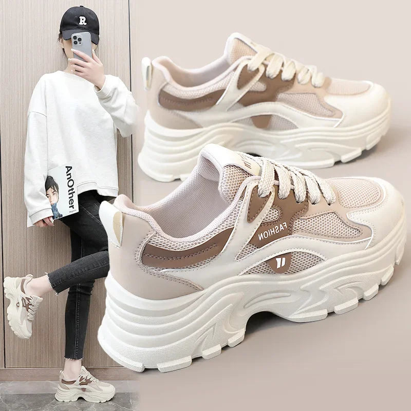 QRJ06 New 2024 Spring Summer Fashionable Korean Style Women's Shoes With Thick Sole Increased Height Breathable Mesh Shoes ATHLEXES