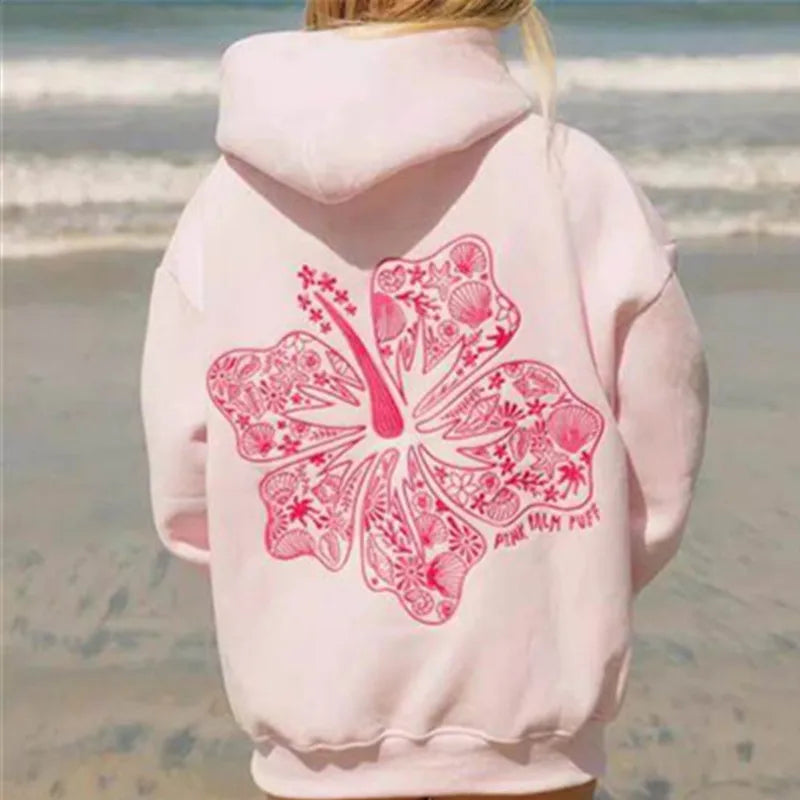PINK PALM PUFF Casual Embroidered Fleece Hoodie ATHLEXES