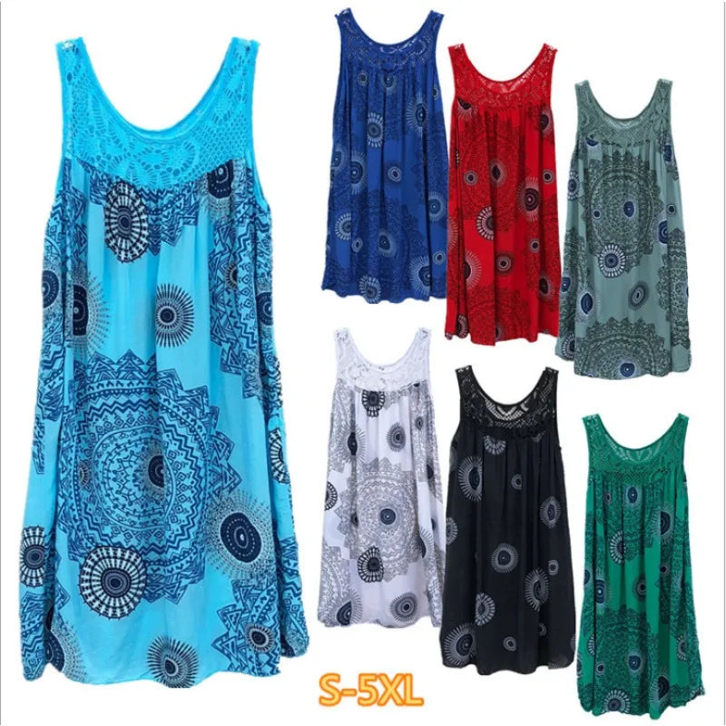 Elegant Lace Print Plus Size Sleeveless Dress ATHLEXES
