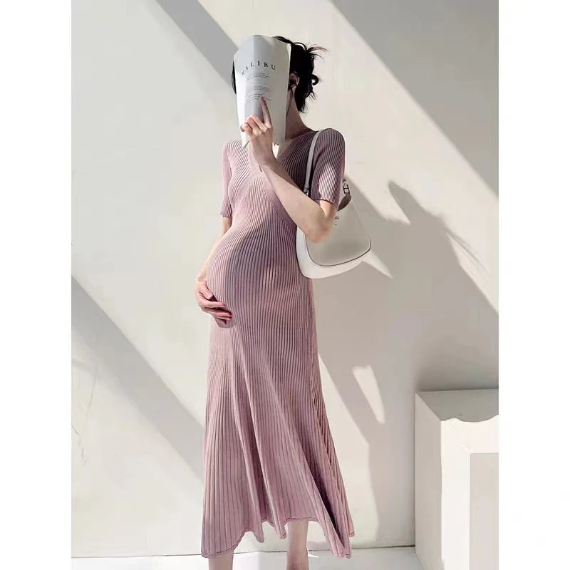 Korean Style Maternity V-Neck Knit Dress ATHLEXES