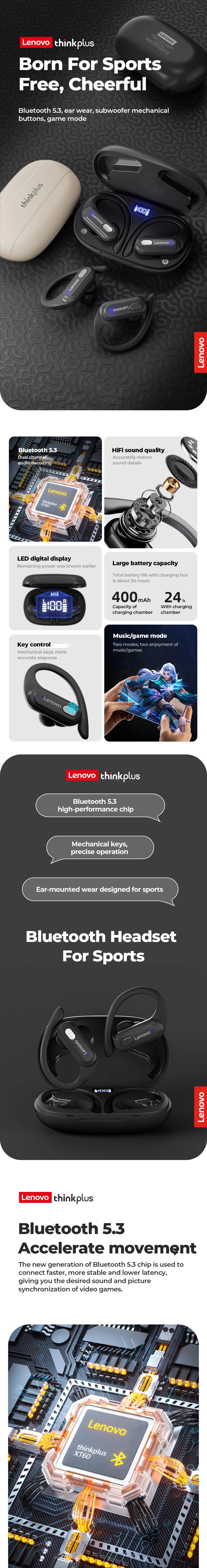 Lenovo ERAZER XT60 HiFi Sports Wireless Earbuds ATHLEXES