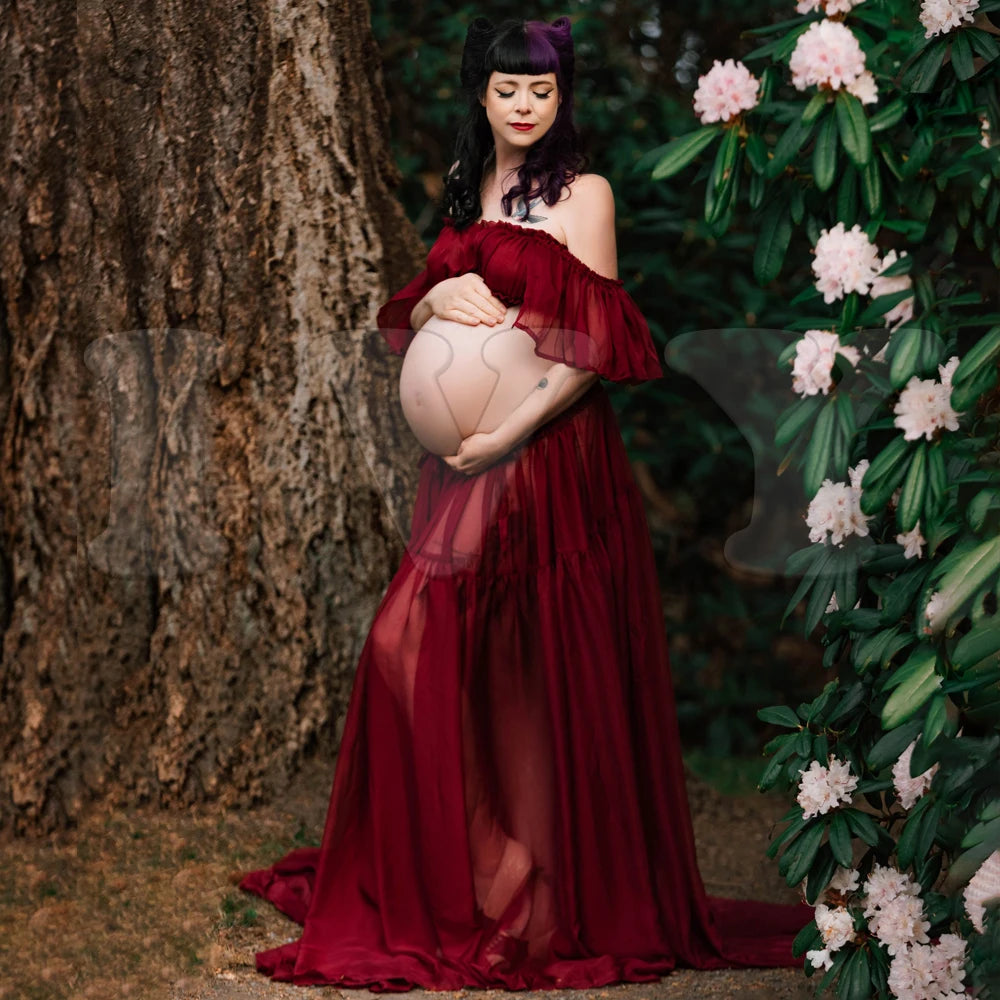 Elegant Maternity Off Shoulder Chiffon Dress ATHLEXES