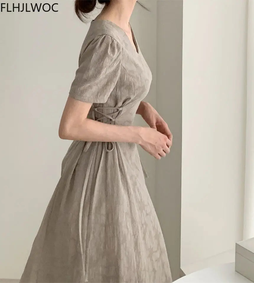 Chic Vintage Cotton Linen A-Line Dress ATHLEXES
