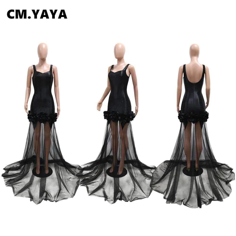 Elegant 3D Floral Mesh Mermaid Maxi Dress ATHLEXES