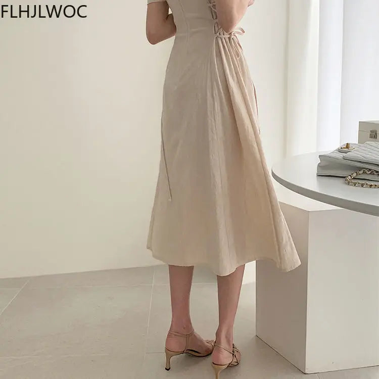 Chic Vintage Cotton Linen A-Line Dress ATHLEXES