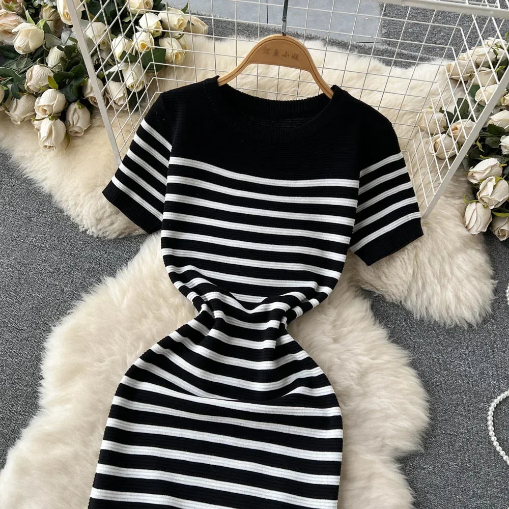 Chic Striped Knit Midi Dress for Summer Style ATHLEXES