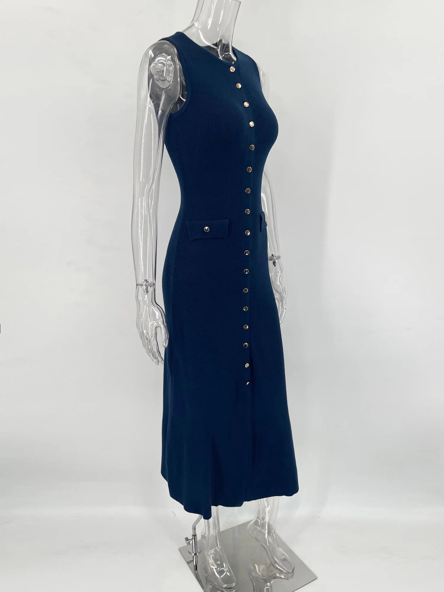 Elegant Knit Ribbed Maxi Dress with Pockets ATHLEXES