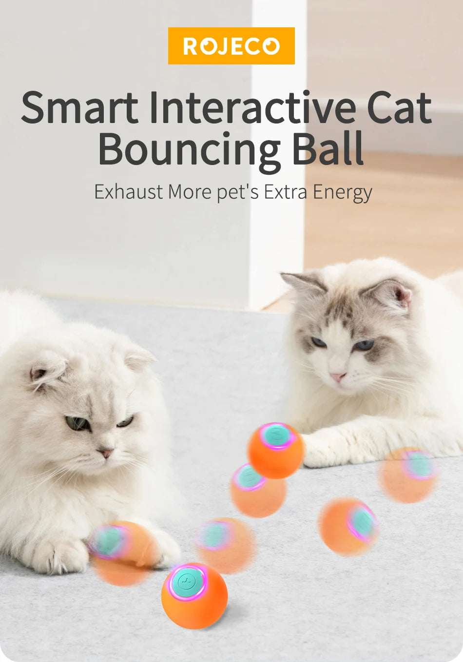 ROJECO Cat Toys Smart Interactive Cat Bouncing Ball Automatic Rolling Ball Training Self-moving Electric Toy Dog Pet Accessories ATHLEXES