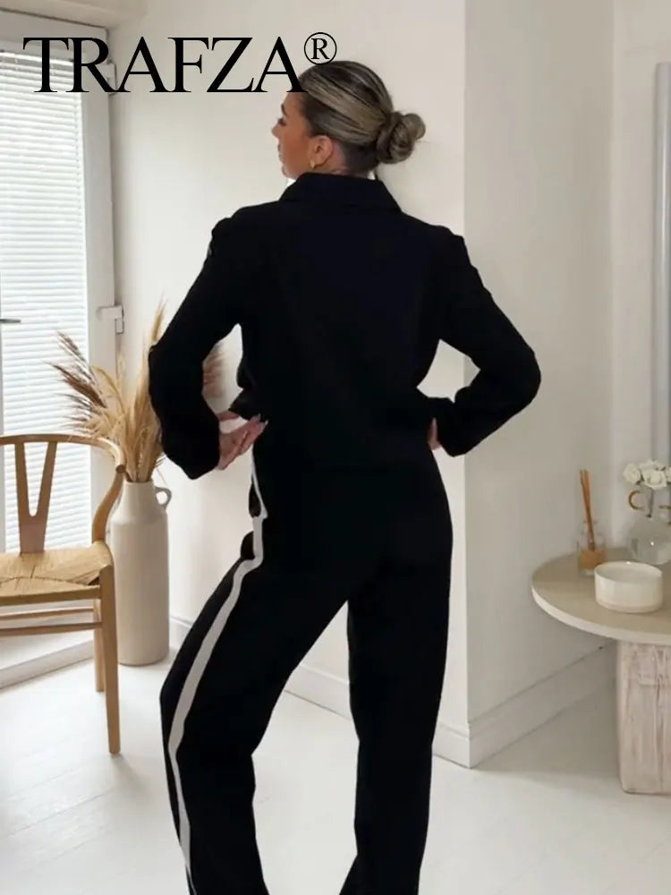 TRAFZA Luxe Stripe Jacket & Trousers Set for Women ATHLEXES