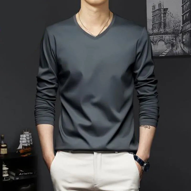 Autumn New Promotion Ice Silk Men's V-Neck Casual Top 2023 ATHLEXES