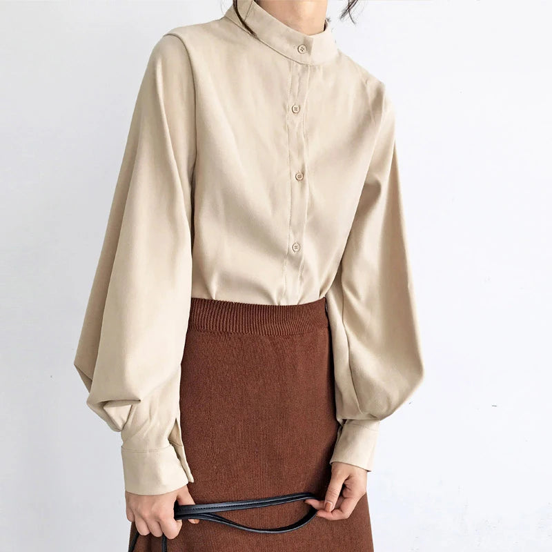 Elegant Lantern Sleeve Blouse for Women - Autumn Winter Office Chic ATHLEXES