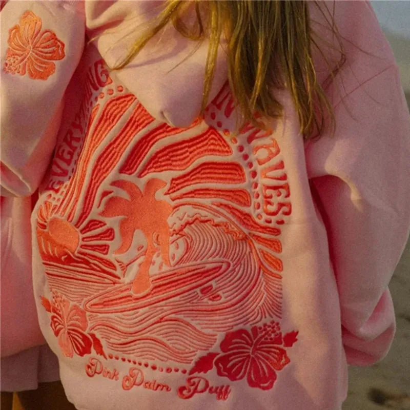PINK PALM PUFF Casual Embroidered Fleece Hoodie ATHLEXES