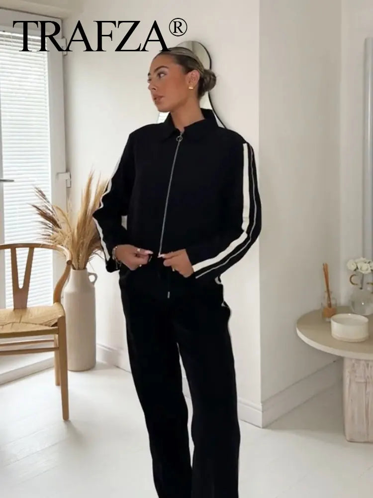 TRAFZA Luxe Stripe Jacket & Trousers Set for Women ATHLEXES