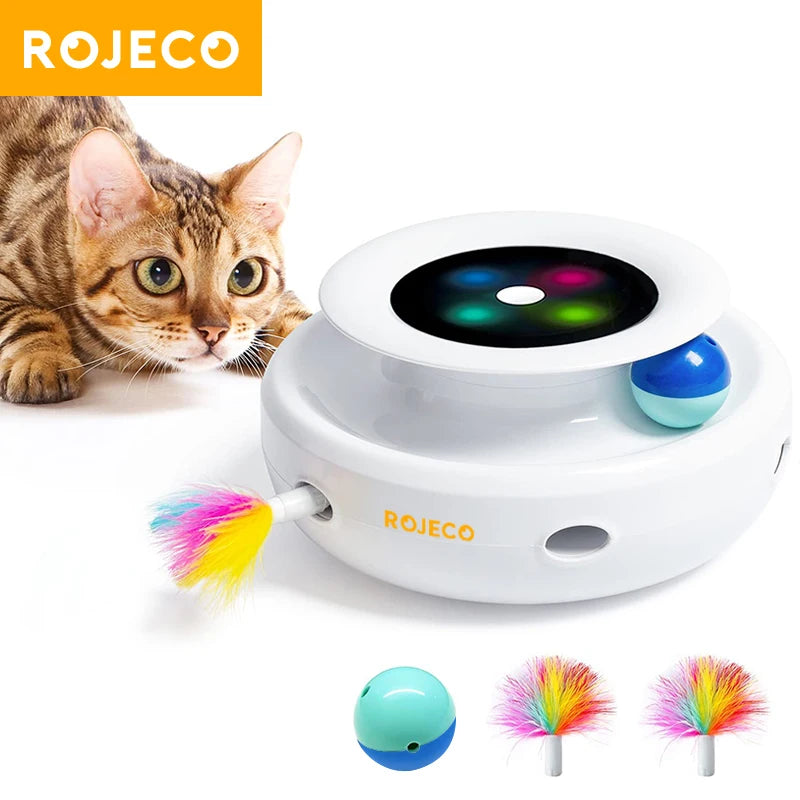 ROJECO 2 in 1 Smart Cat Toys Automatic Feather Fun Ball Toy Set For Cat Dog 5 Modes Electronic Interactive Pet Toy Accessories ATHLEXES