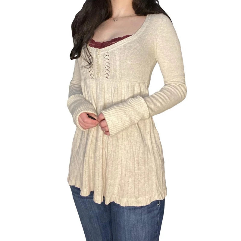 Y2K Aesthetic Vintage Babydoll Knit Sweater Tops ATHLEXES