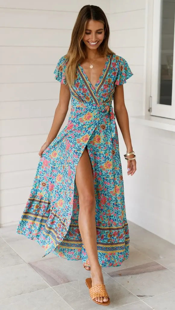 Boho Chic Floral V Neck Summer Dress ATHLEXES