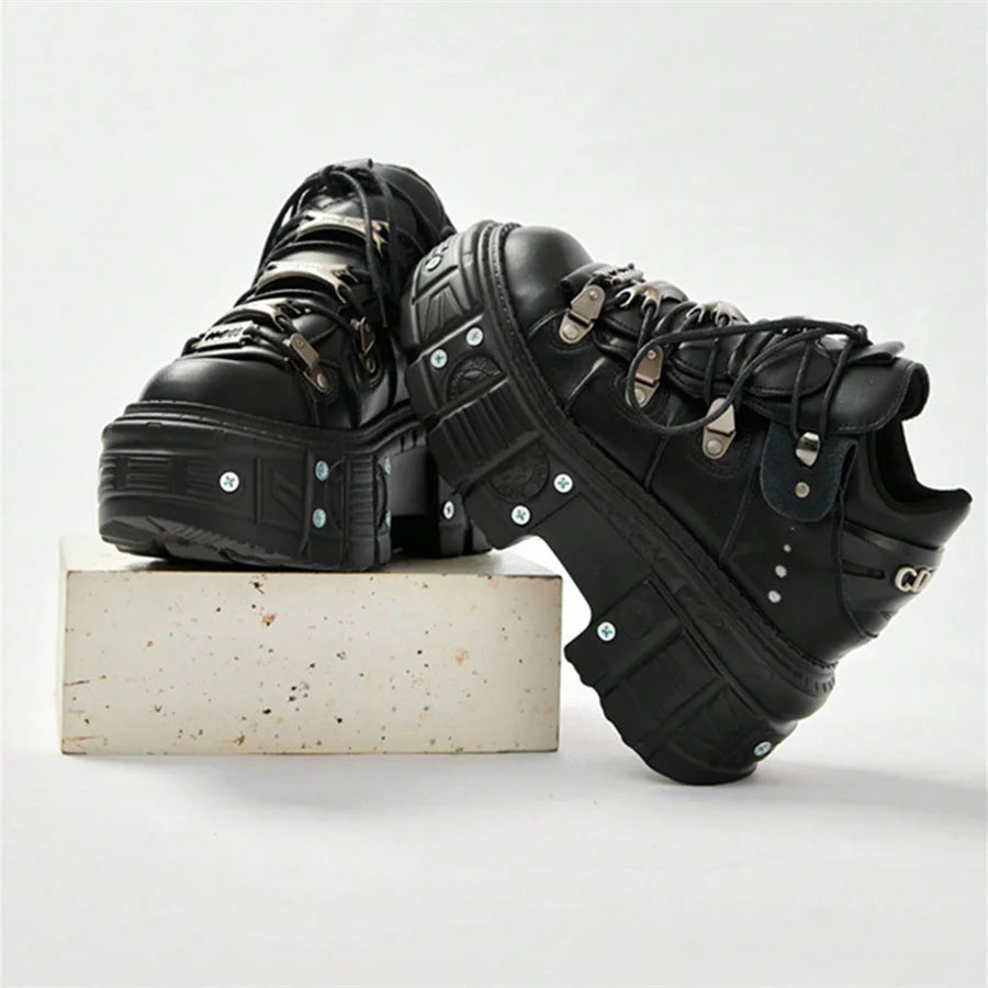 Gothic Chic Black Lace-Up Platform Ankle Boots ATHLEXES