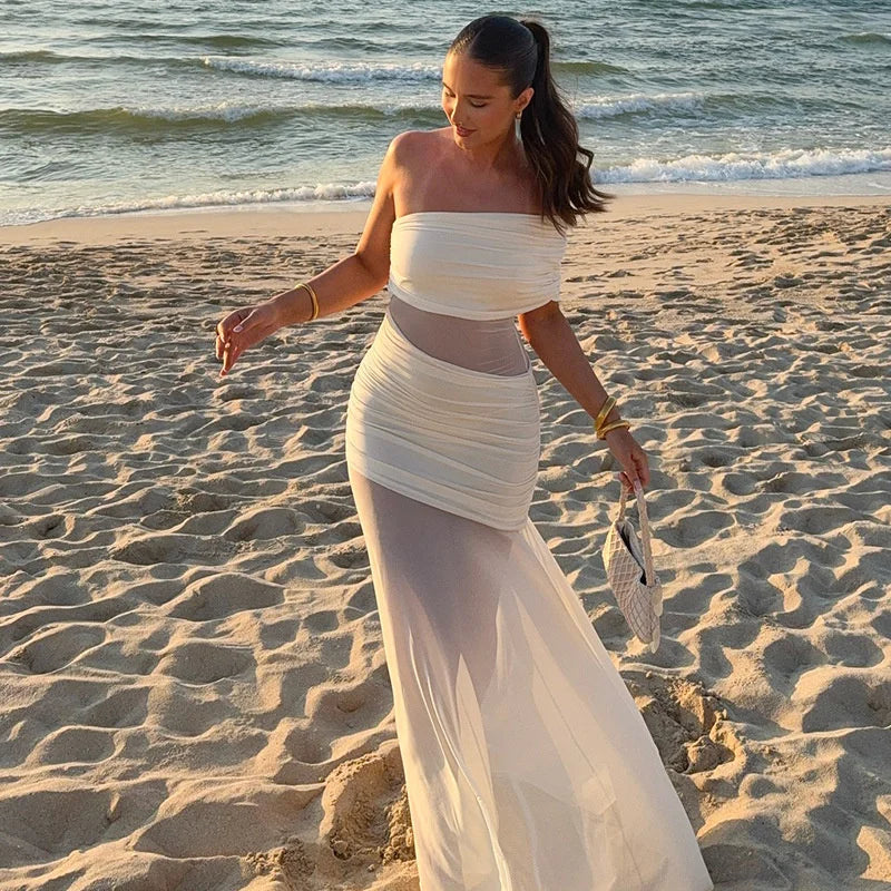 Chic Off-Shoulder Mesh Maxi Dress for Women ATHLEXES