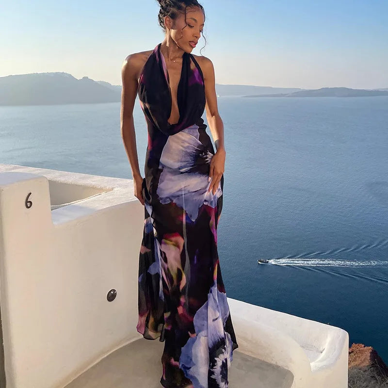 Chic Print Long Dress with Drooping Collar ATHLEXES
