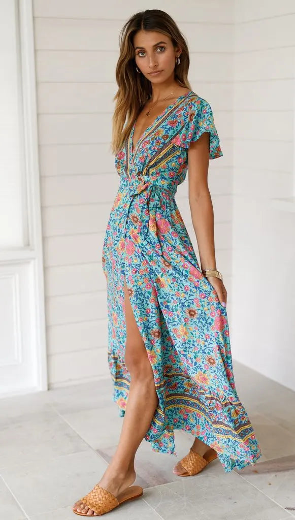 Chic V Neck Summer Slit Maxi Dress for Women ATHLEXES