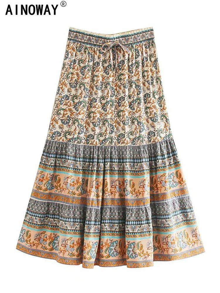 Bohemian Floral Peacock Midi Skirt for Women ATHLEXES