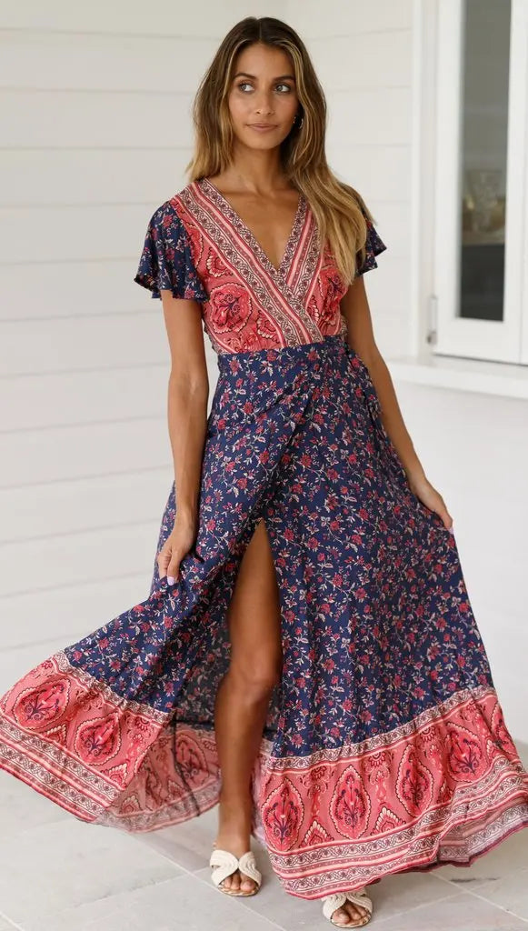 Chic V Neck Summer Slit Maxi Dress for Women ATHLEXES