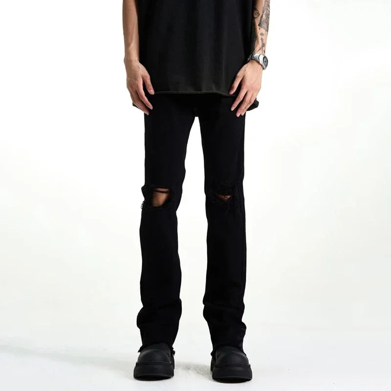 Gothic Vibe Ripped Denim Bell Bottom Trousers ATHLEXES