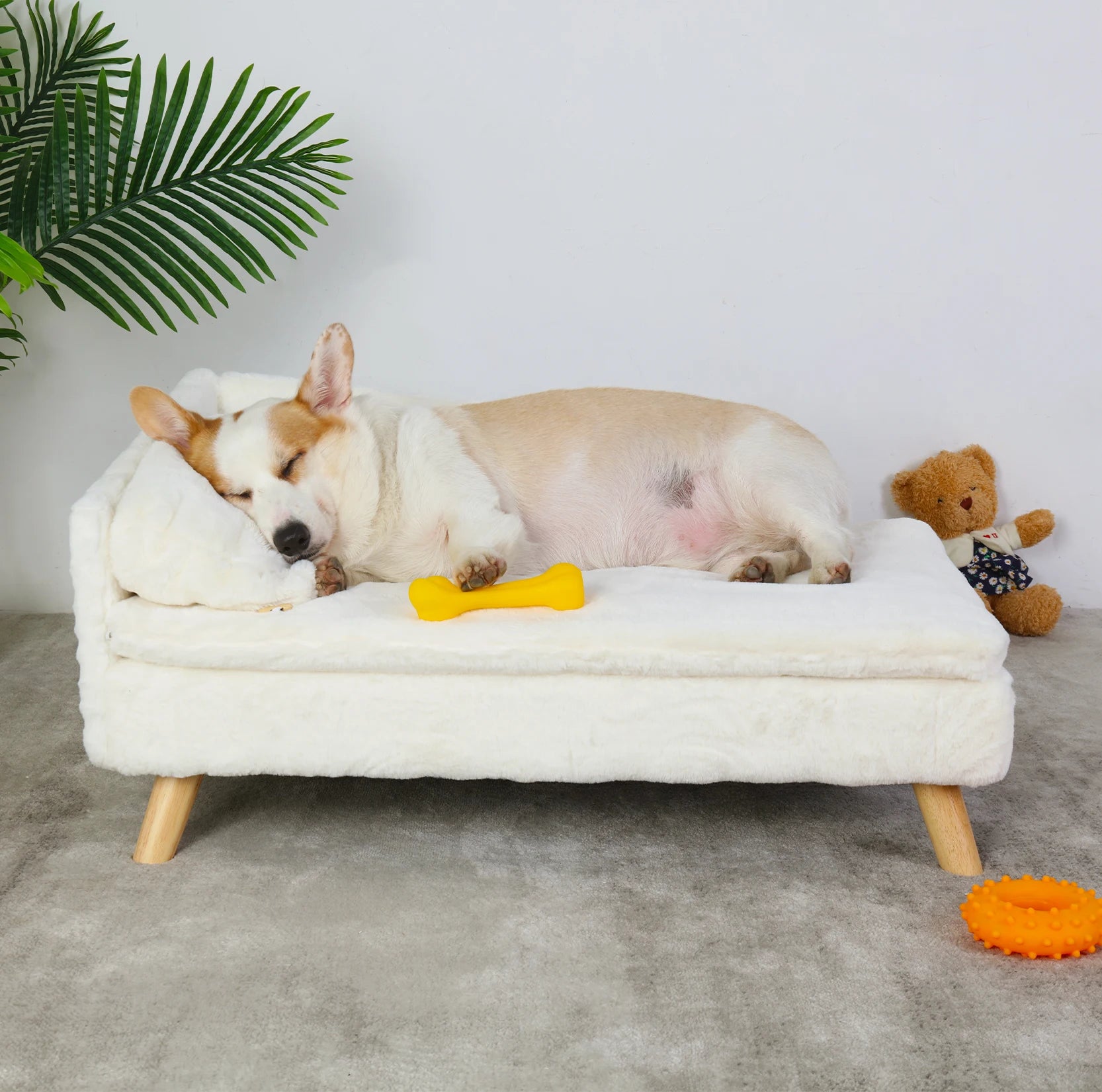 Elevated Pet Bed Solid Wood Leg Dog Cat Sofa for Indoor  L Shape Plush Couch Lounge with Soft Cushion ATHLEXES