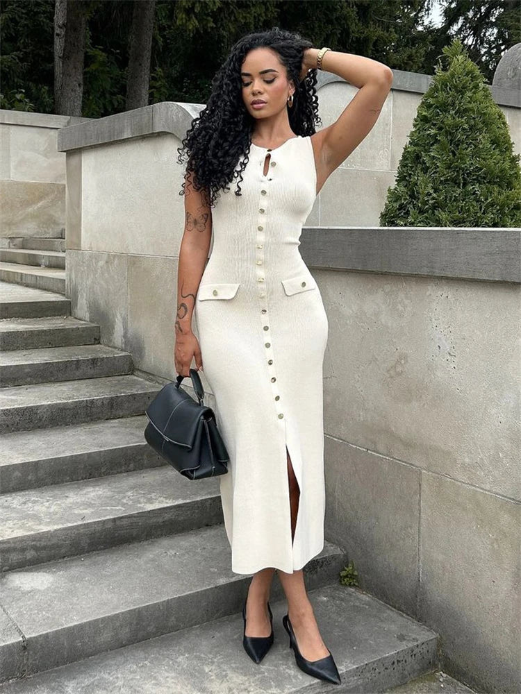 Elegant Knit Ribbed Maxi Dress with Pockets ATHLEXES