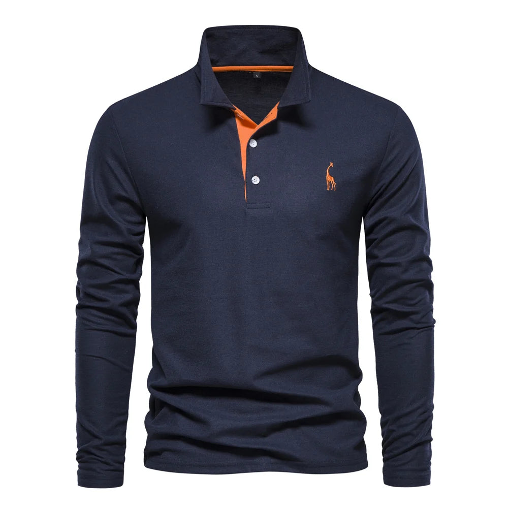 AIOPESON Deer Embroidery Long Sleeve Polo Shirt ATHLEXES