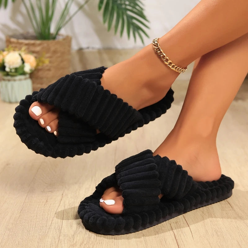 Cozy Chic Cross Strap Corduroy Slippers ATHLEXES