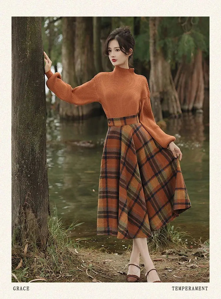 French Lady Vintage Plaid Sweater & High Waist Skirt Set ATHLEXES