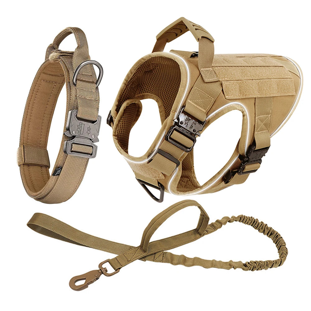 Reflective Dog Harness with 4 Metal Buckles Military Tactical Pet Training Walking K9 Vest Harnesses Leash Collar Set Large Dogs ATHLEXES