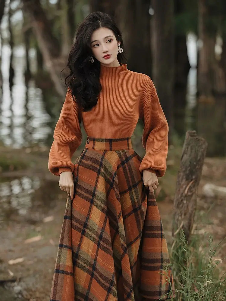 Women’s Vintage Plaid Two-Piece Skirt and Sweater Set ATHLEXES