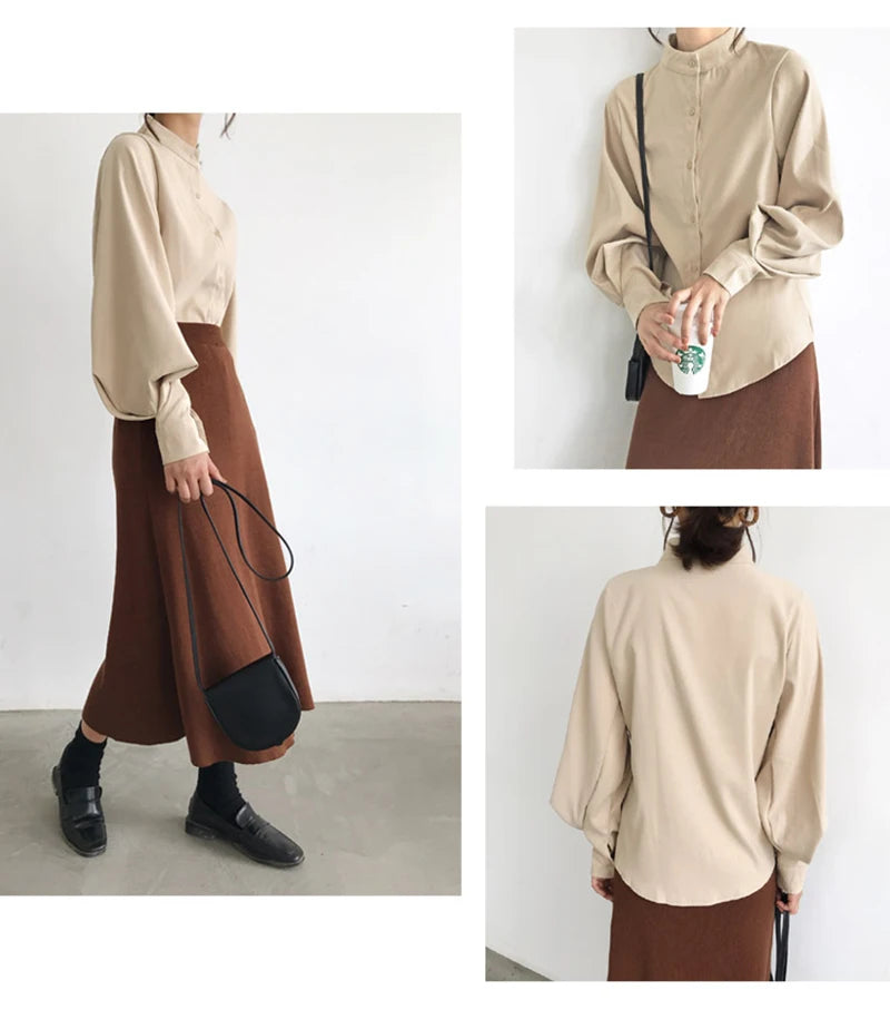 Elegant Lantern Sleeve Blouse for Women - Autumn Winter Office Chic ATHLEXES