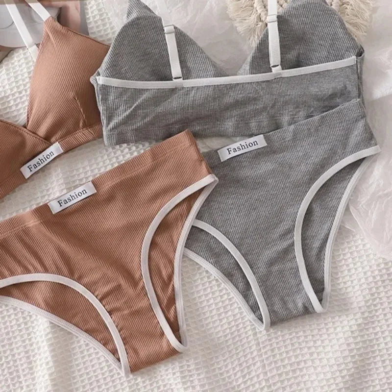 Women Cotton Bra Set Sexy Briefs Low Waist Panties Wire Free Bralette Lingerie Set ATHLEXES