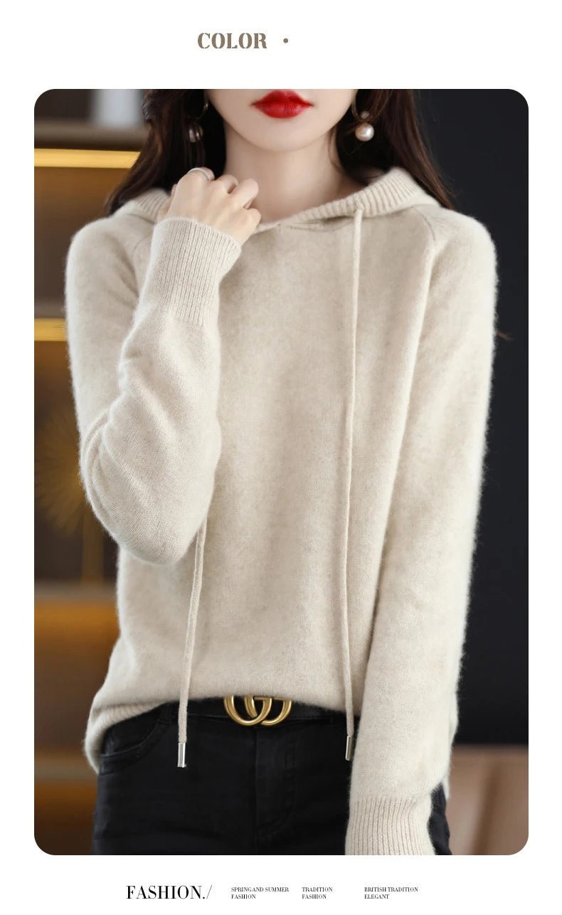 Cashmere Hooded Sweater Women Autumn Winter Long Sleeve Solid Color Knitted Hoodies Lady Loose Drawstring Casual Pullover Hoodie ATHLEXES