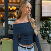 WhereMery Elegant Slash-neck Ribbed Solid Crop Tops Autumn Skinny Off Shoulder Long Sleeve T Shirt French Gentle Tight T-shirts ATHLEXES